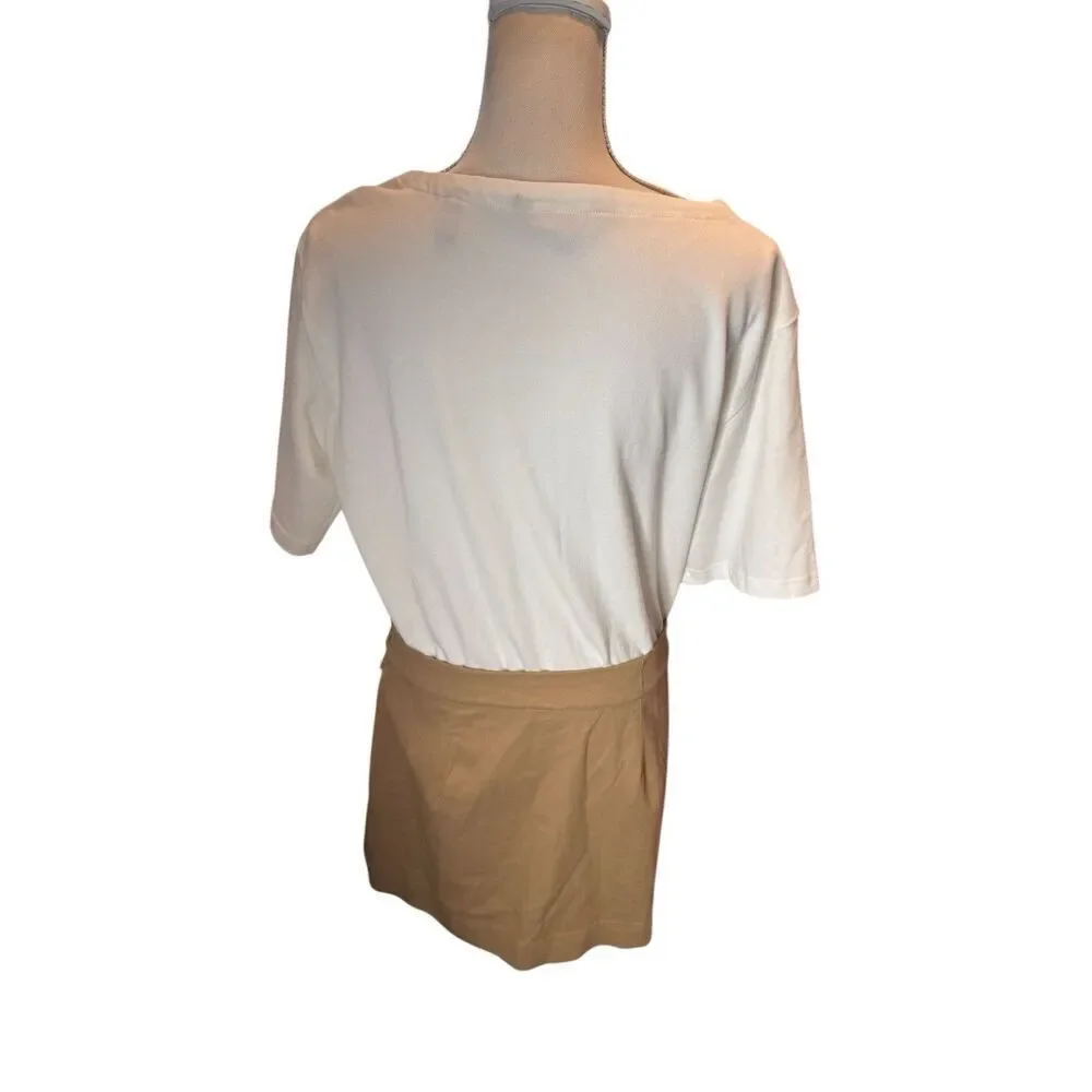 Veronica Beard Elowyn Mixed Media Dress Womens L White/Khaki Boat Neck Zip Snap